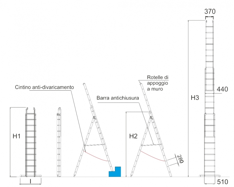Scala professionale in vetroresina V047 - V047Z Disegno tecnico