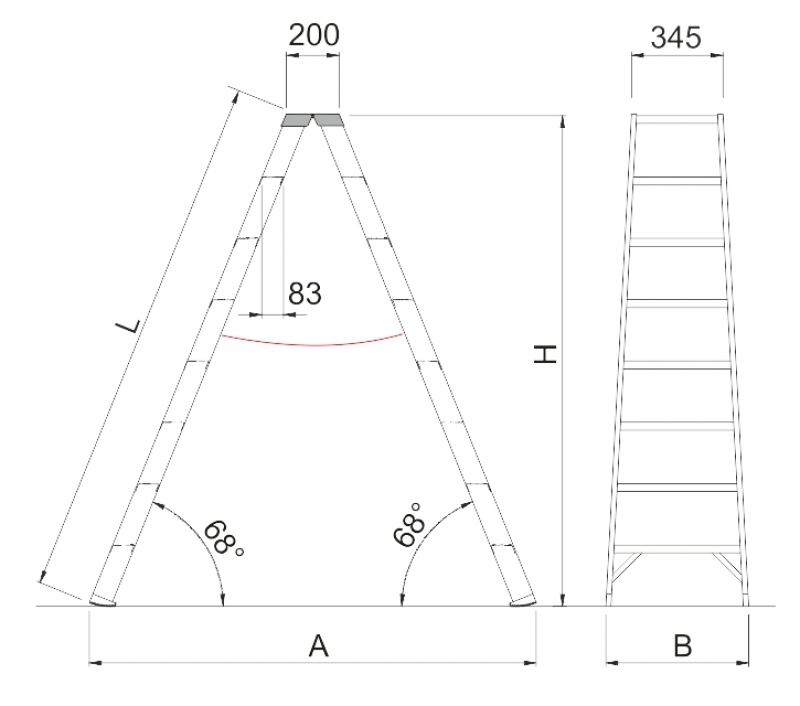 Scala professionale in vetroresina V015 Disegno tecnico 